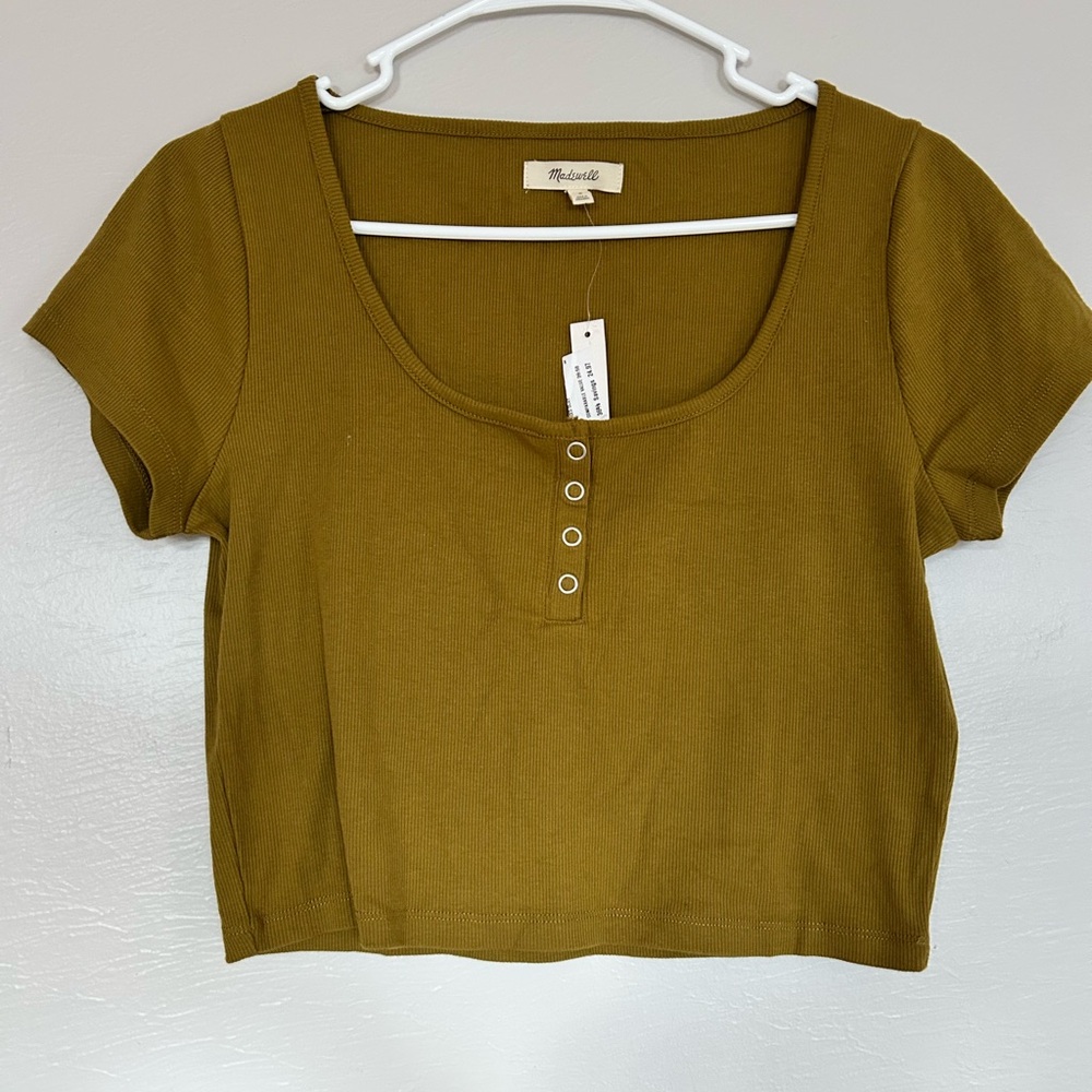 Madewell Ribbed Henley High-crop Tee in spiced olive size small - Picture 3 of 6